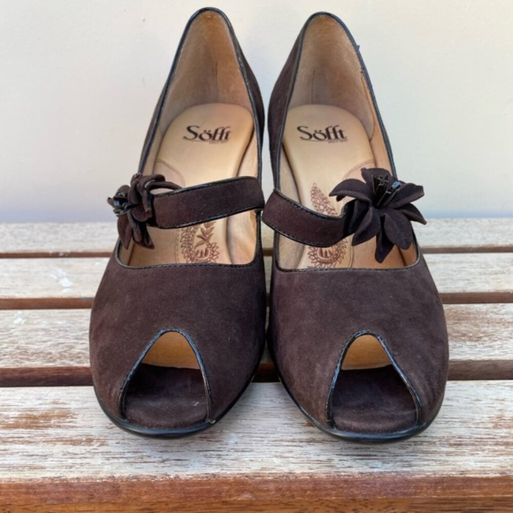 Sofft Women's Retro Geva Brown Suede Peep Toe Mary Jane Pumps Size 9W - Picture 11 of 13